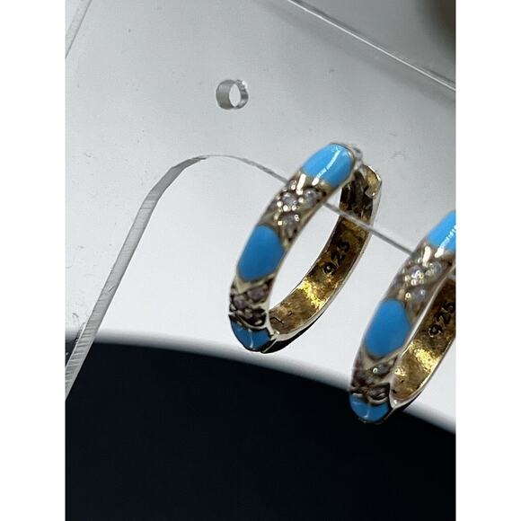 Blue Turquoise Pave Crystal CZ Gold Vermeil 925 Small Huggie Hoops‎ - Picture 13 of 15
